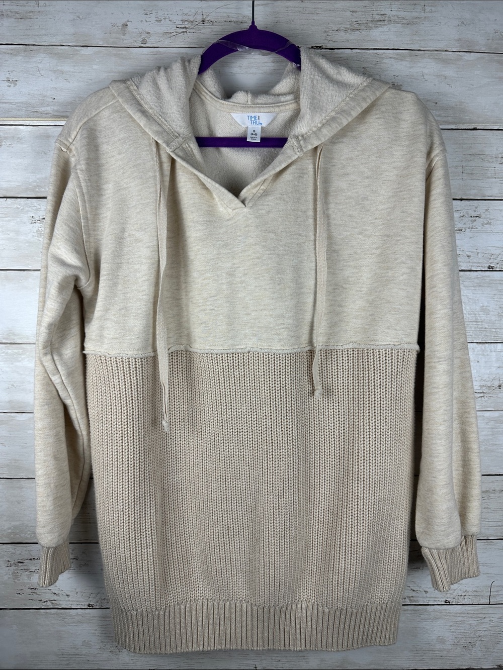Time & Tru Oatmeal Mixed Media Knit Hoodie Sweater Size S (4-6)